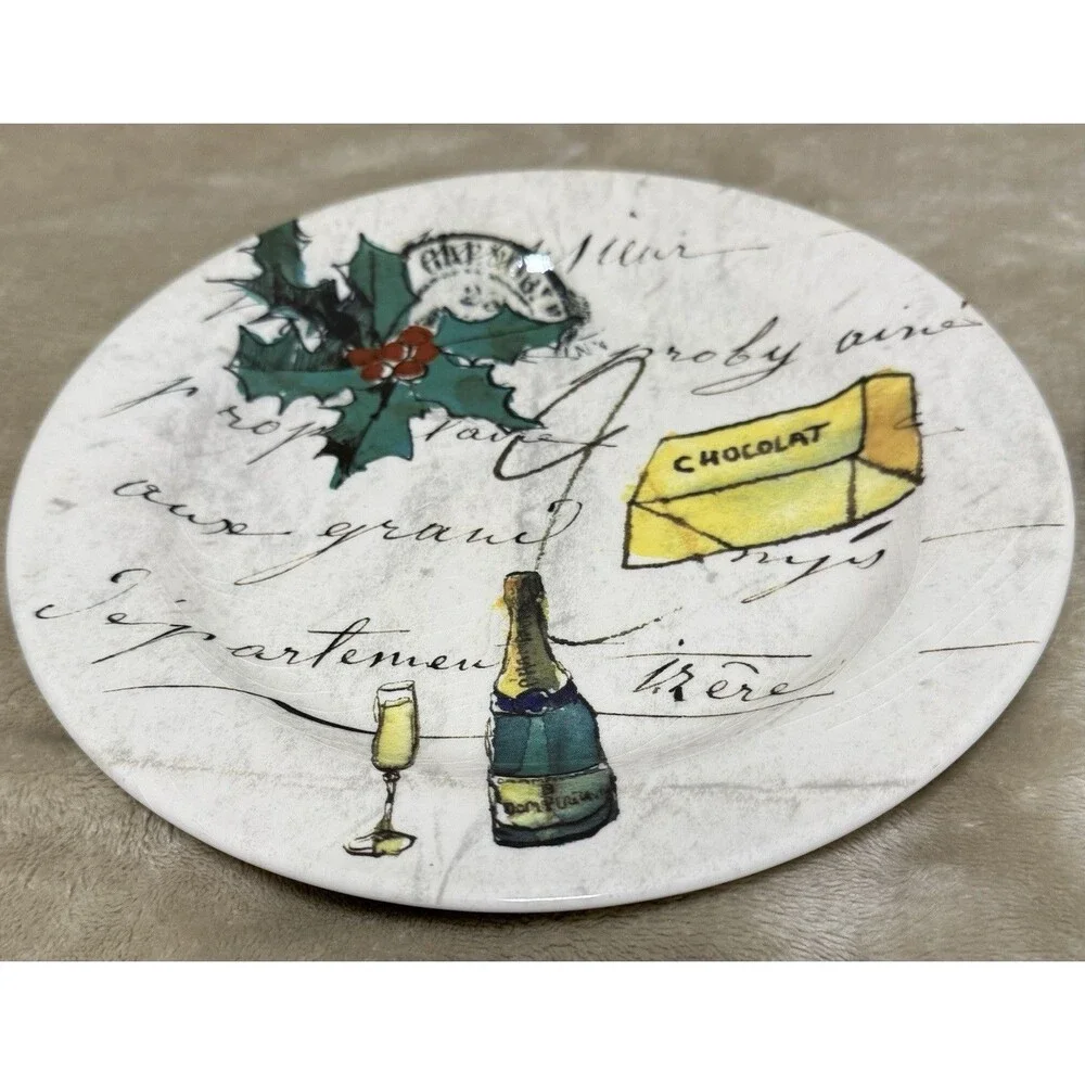 Set Of 2 Williams Sonoma Christmas Plates Chocolate Holly Wine 8 3/4”
